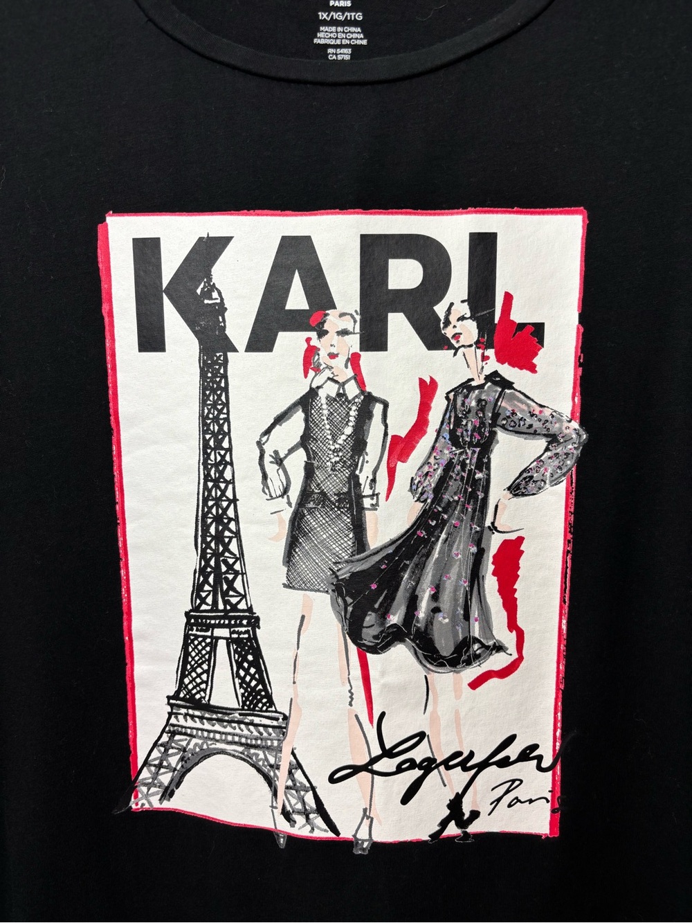 KARL Graphic Cotton Tee with Paris Illustration - Black, White & Red  Size 1X - Picture 10 of 12